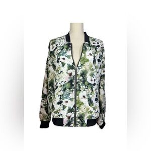 Philosophy Floral Bomber Jacket Women’s Size L Front Zipper White Background